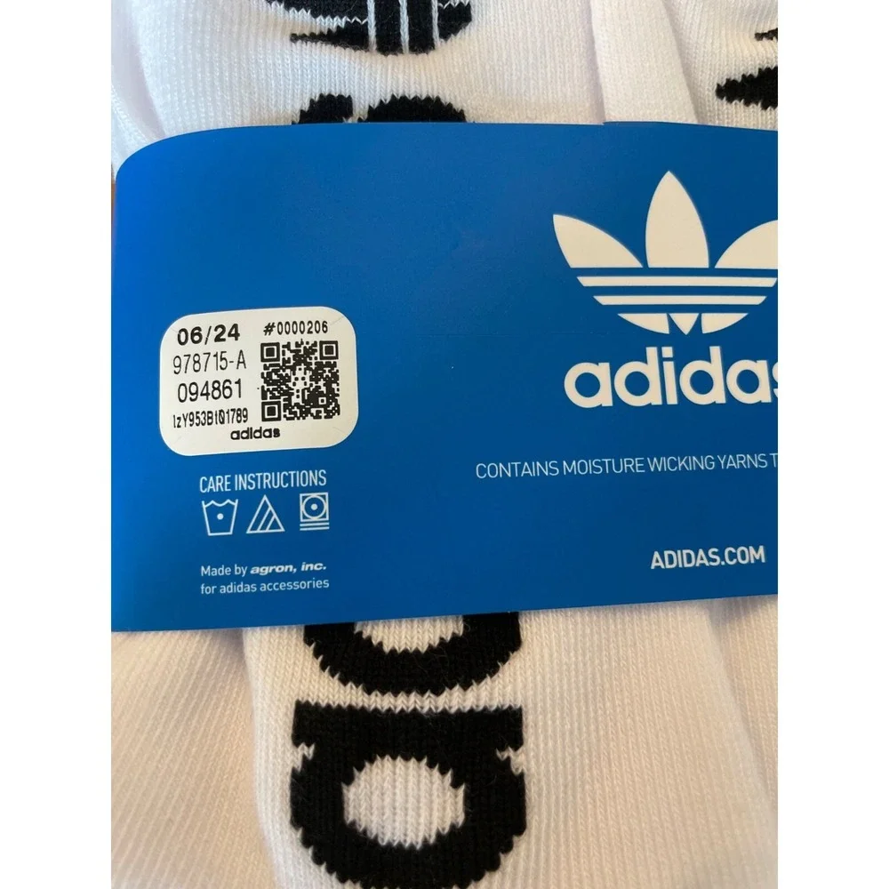 Adidas Quarter Crew Socks Men's 6-12 White & Black‎ Logo 6-Pair Moisture Wicking